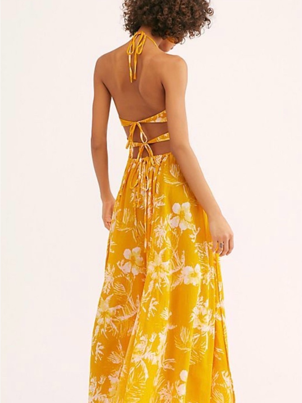 Free People Mustard Yellow Floral Tie-Back Maxi Dress